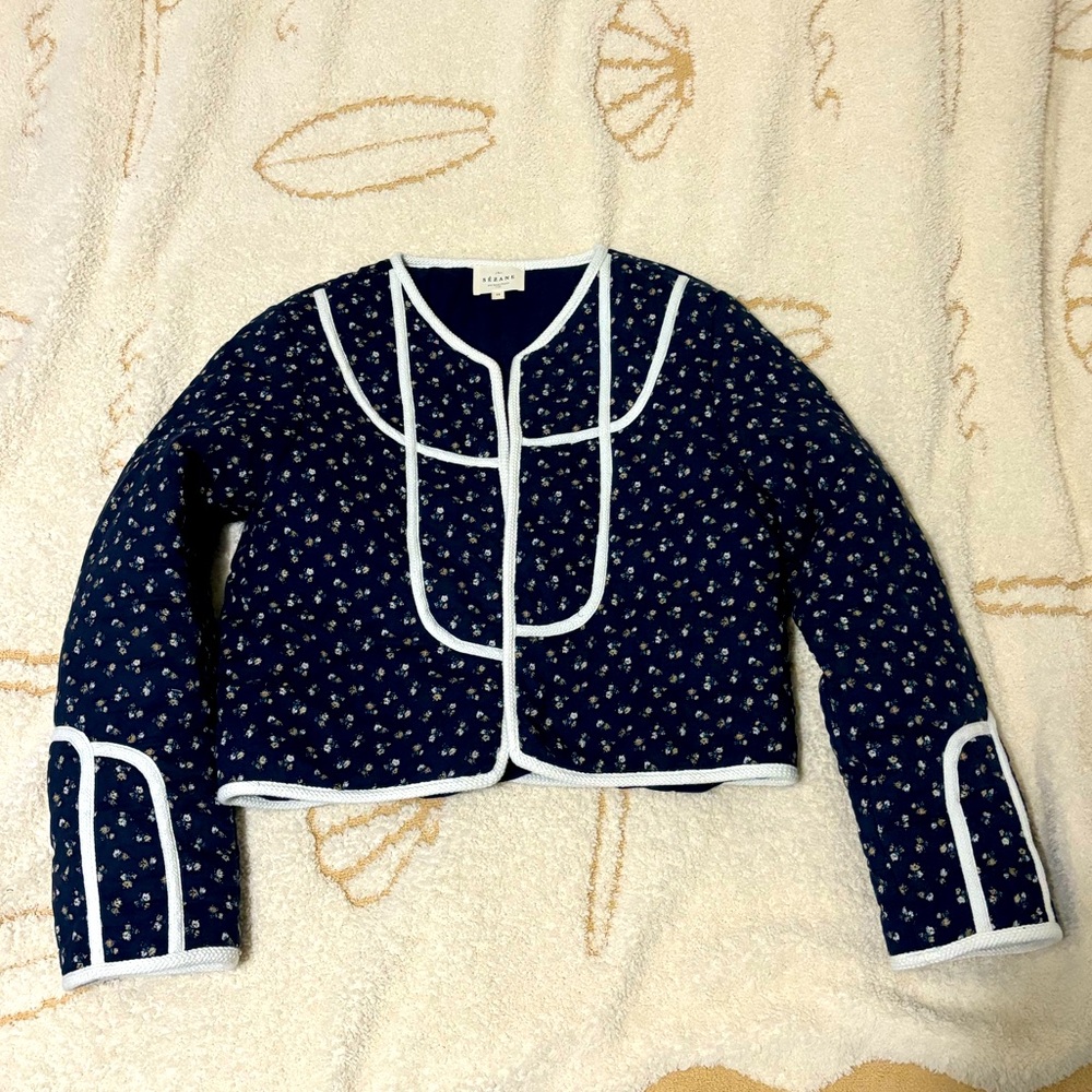 🌼Sezane ESBEN JACKET in Marine Floral Navy Jacket with White Trim - Picture 3 of 9